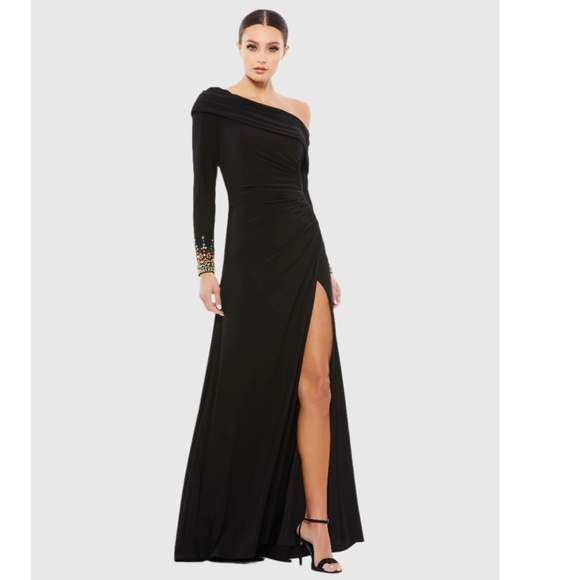 NEW Mac Duggal Black OFF THE SHOULDER Jersey JEWEL CUFFS Ruched HIGH SLIT GOWN 2 - Picture 13 of 14
